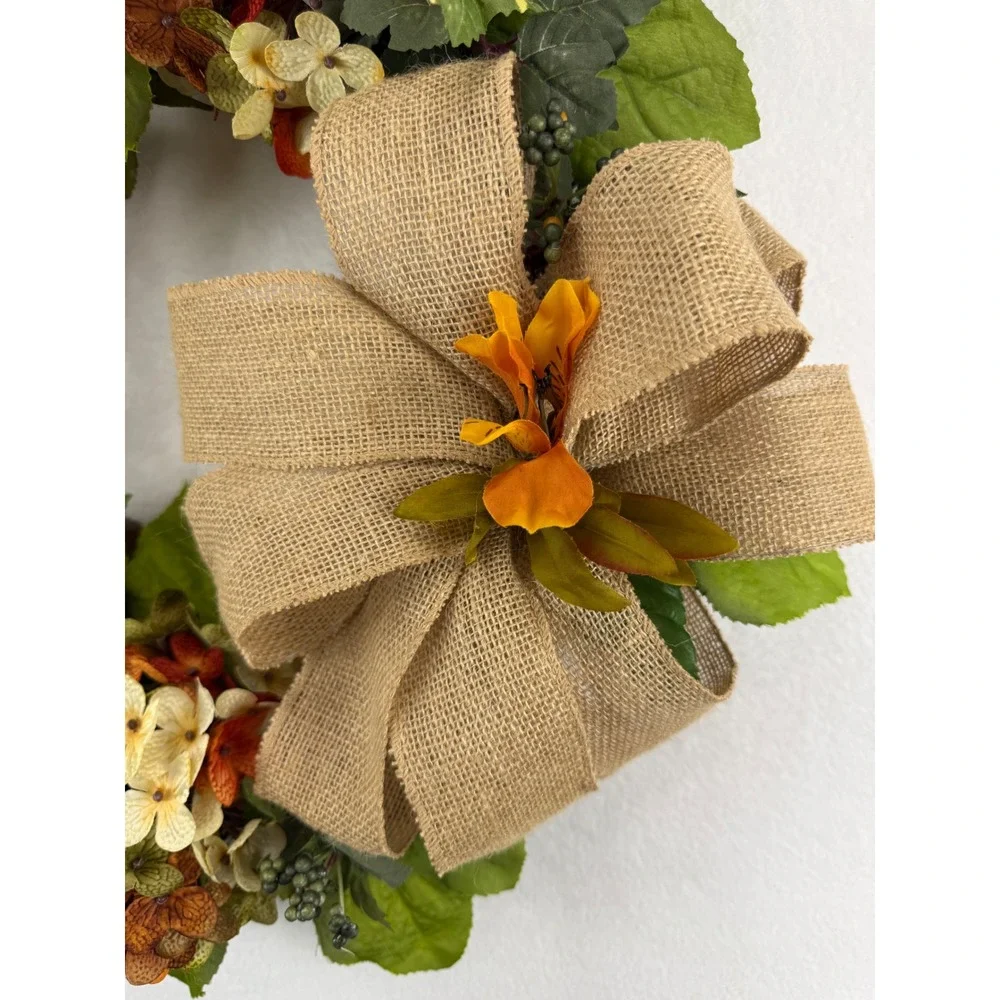 Fall Grapevine Wreath Orange Hydrangea Burlap Bow Autumn Decor 22in